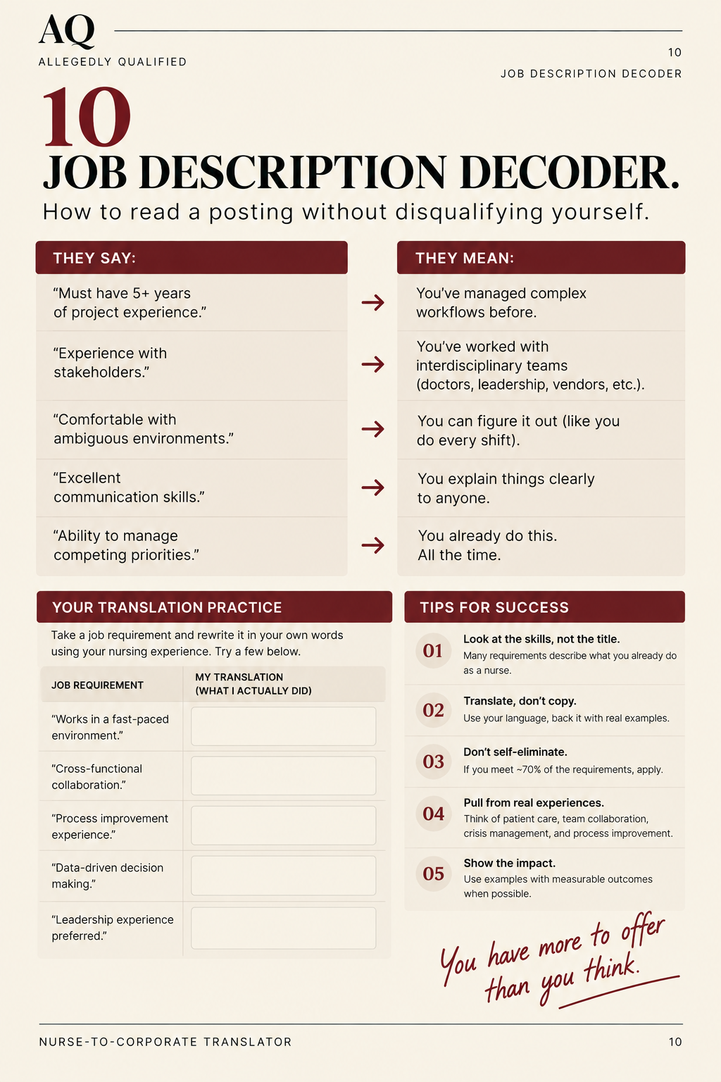 Job description decoder workbook page